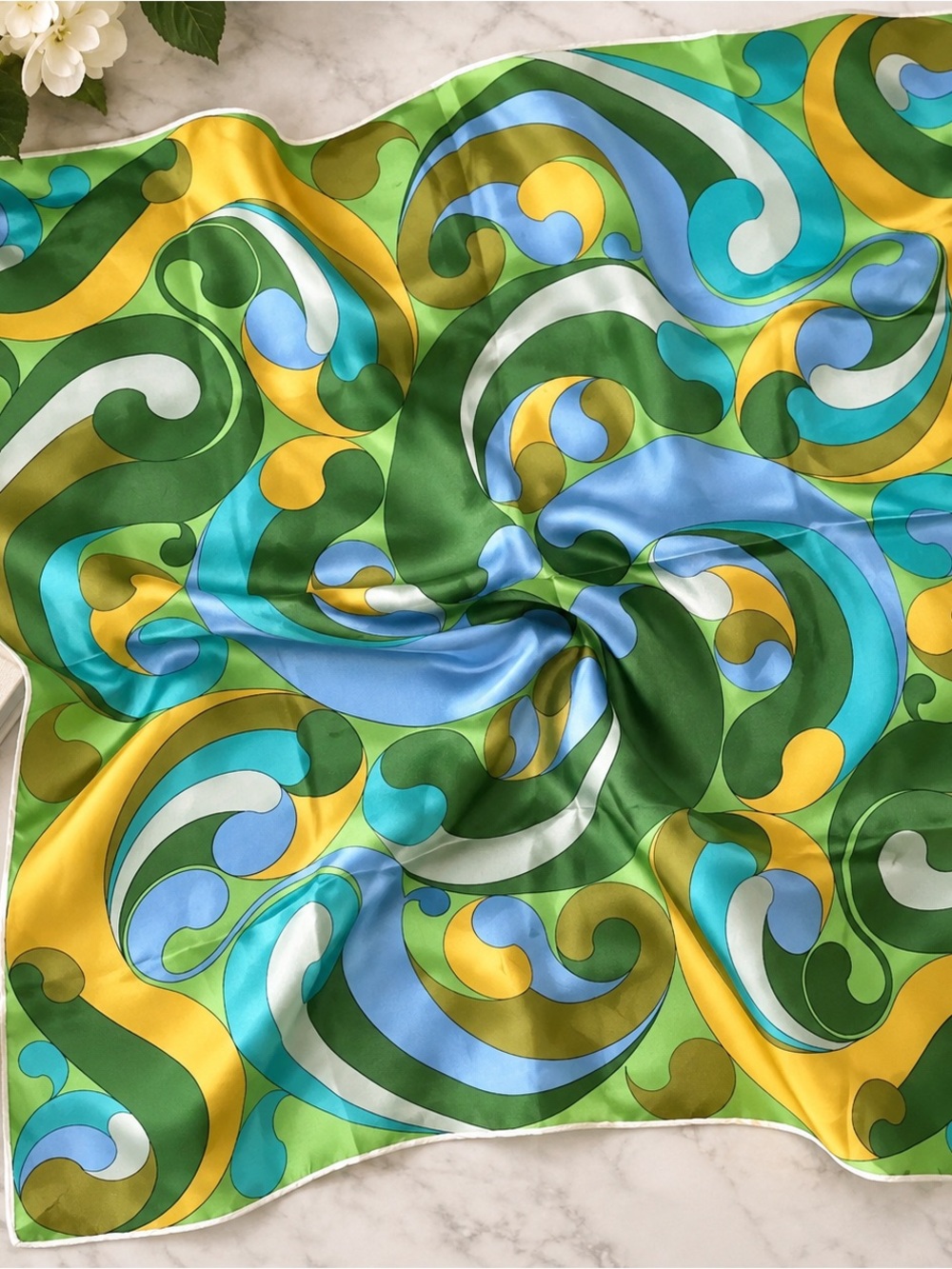 Vintage 1960s 70s Italian Style Paisley Scarf 28” Square Green Blue Abstract
